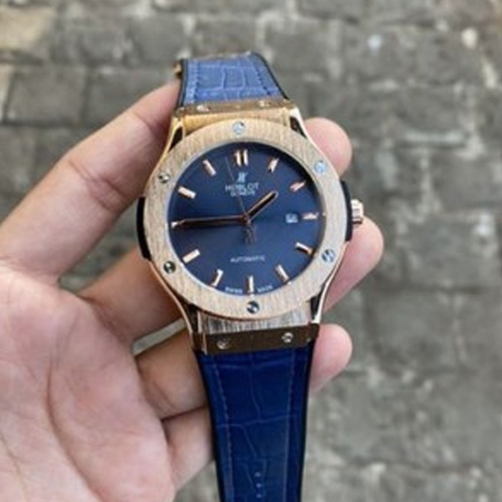 Hublot Automatic Blue With Crocodile Lather.