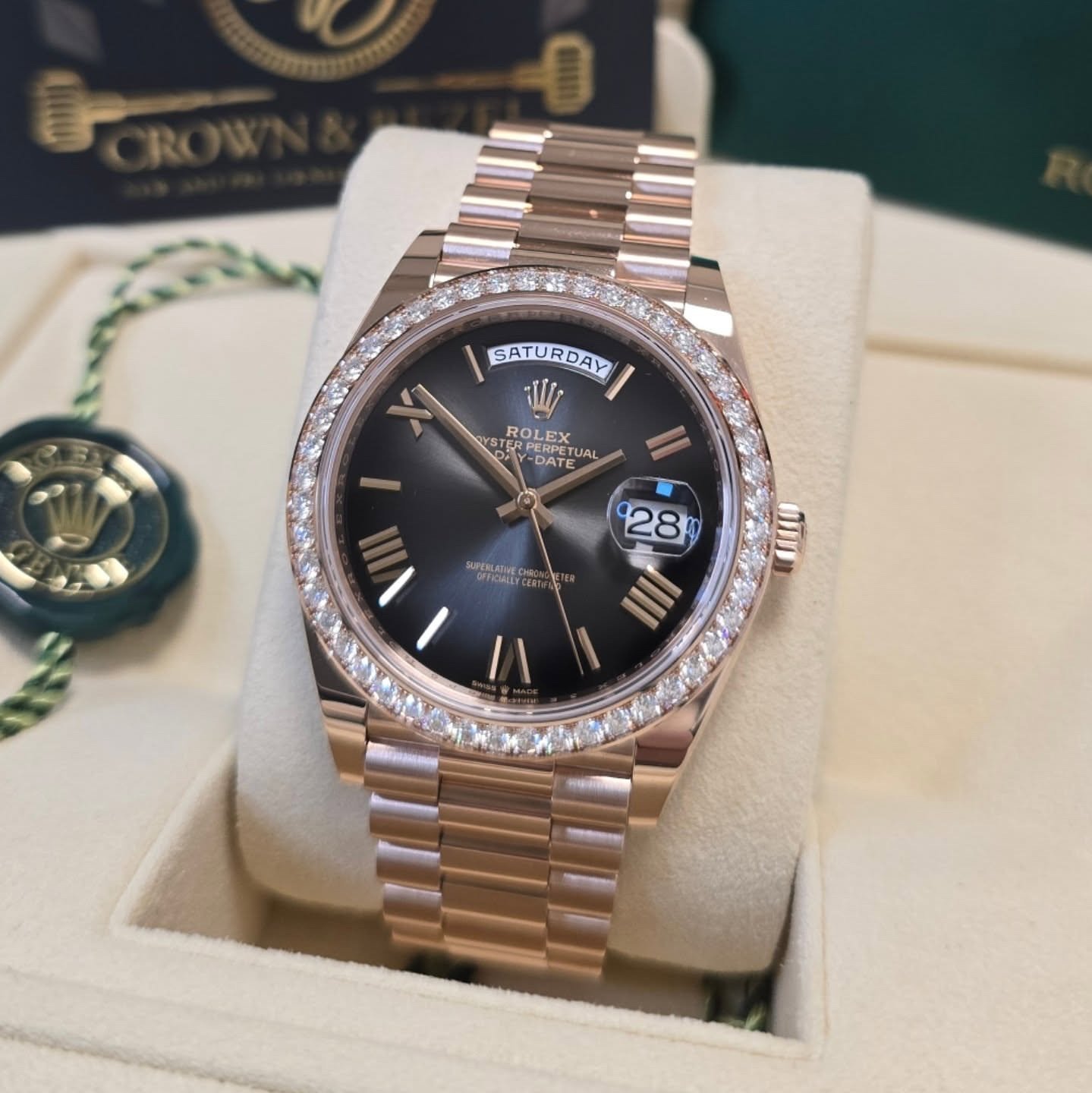 Rolex Day-Date Rose Gold Diamond Black Dial – Luxury Presidential Watch